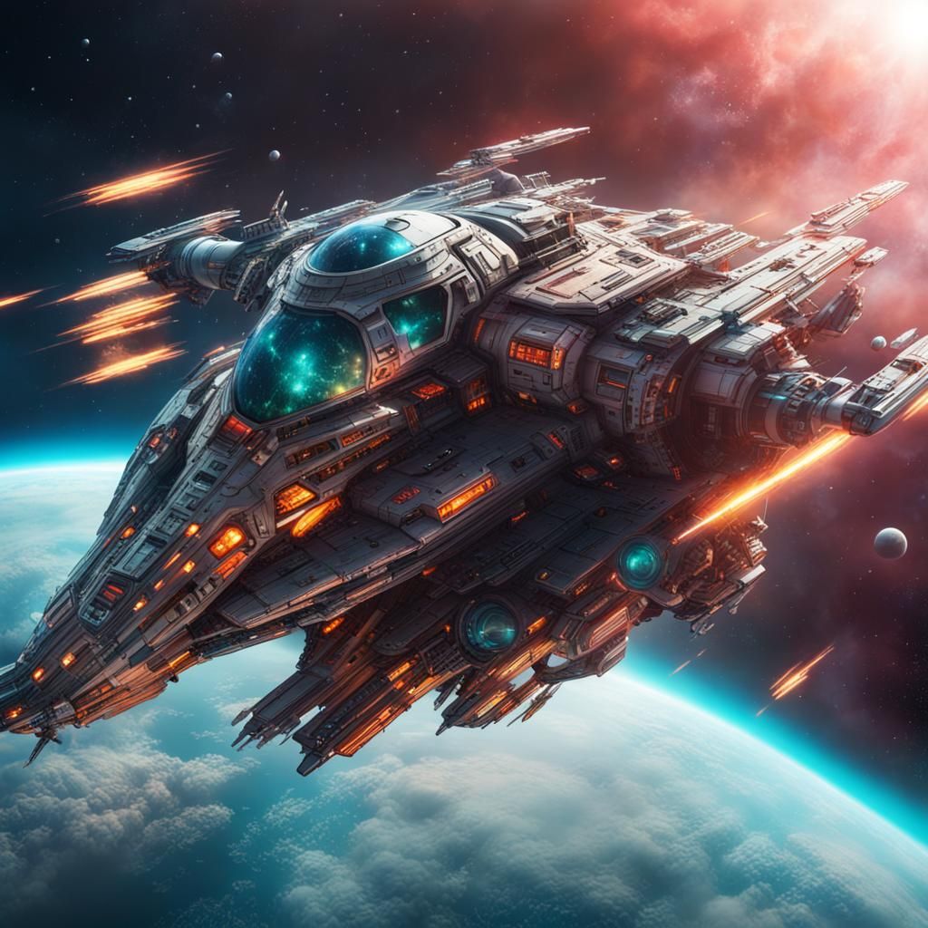 Futuristic Military Spaceship in Hyperrealistic Splash Art