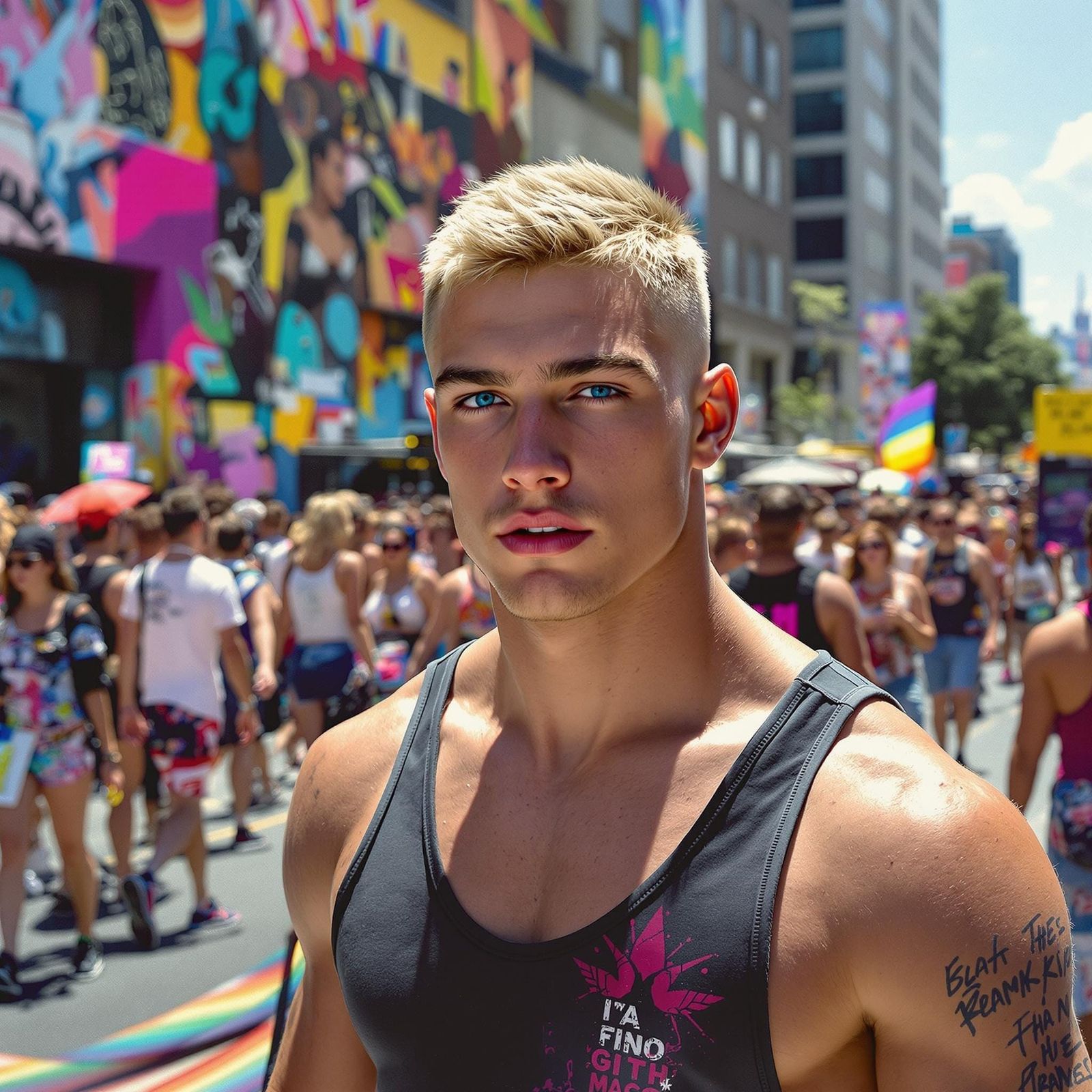 Pride Parade Scene with Athlete in Street Art Style