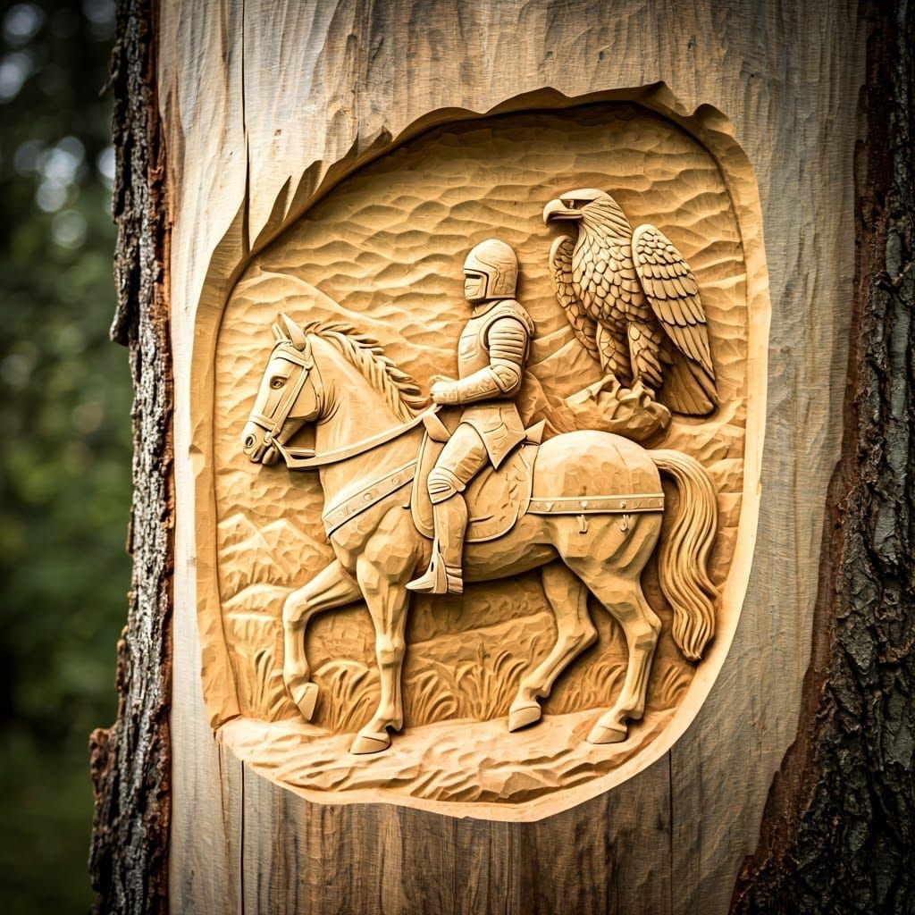 Detailed Wood Carving of Knight and Eagle