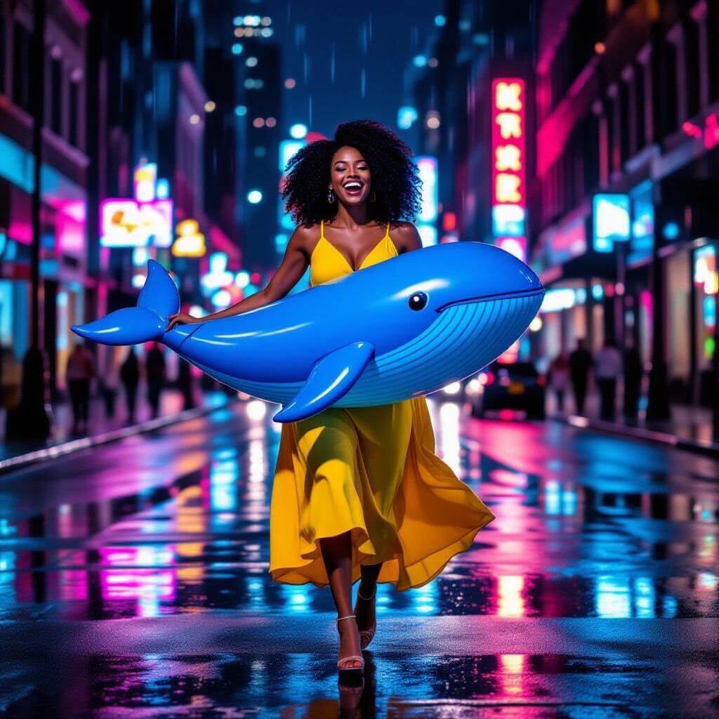 Businesswoman with Whale: Surreal Night Photography