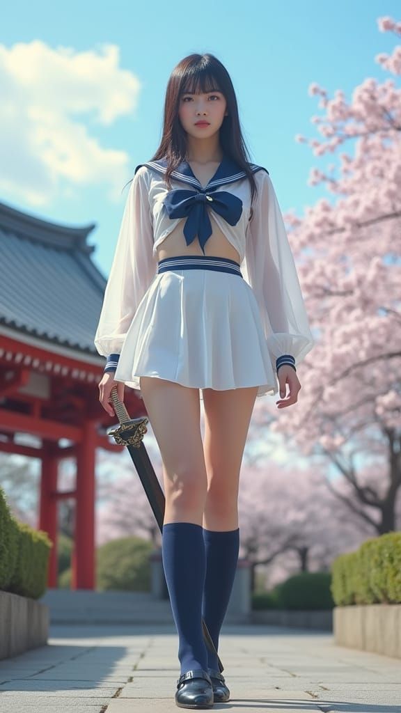 Woman in Sheer Sailor Uniform at Shrine