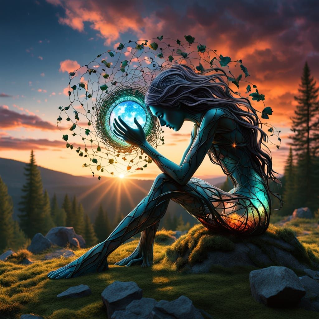 Surreal Fragmented Sculpture of Woman by Sunset