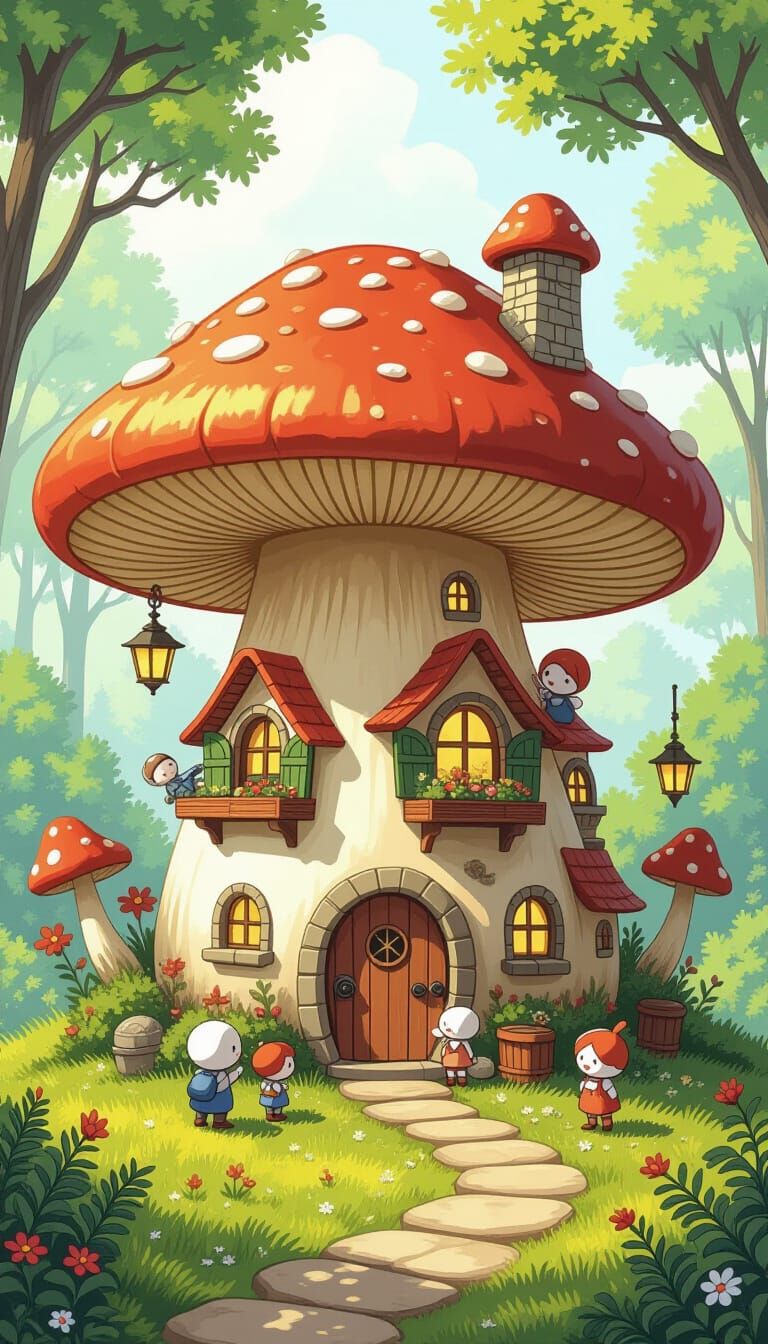 Miniature Village Inside Mushroom, Whimsical Fantasy Art