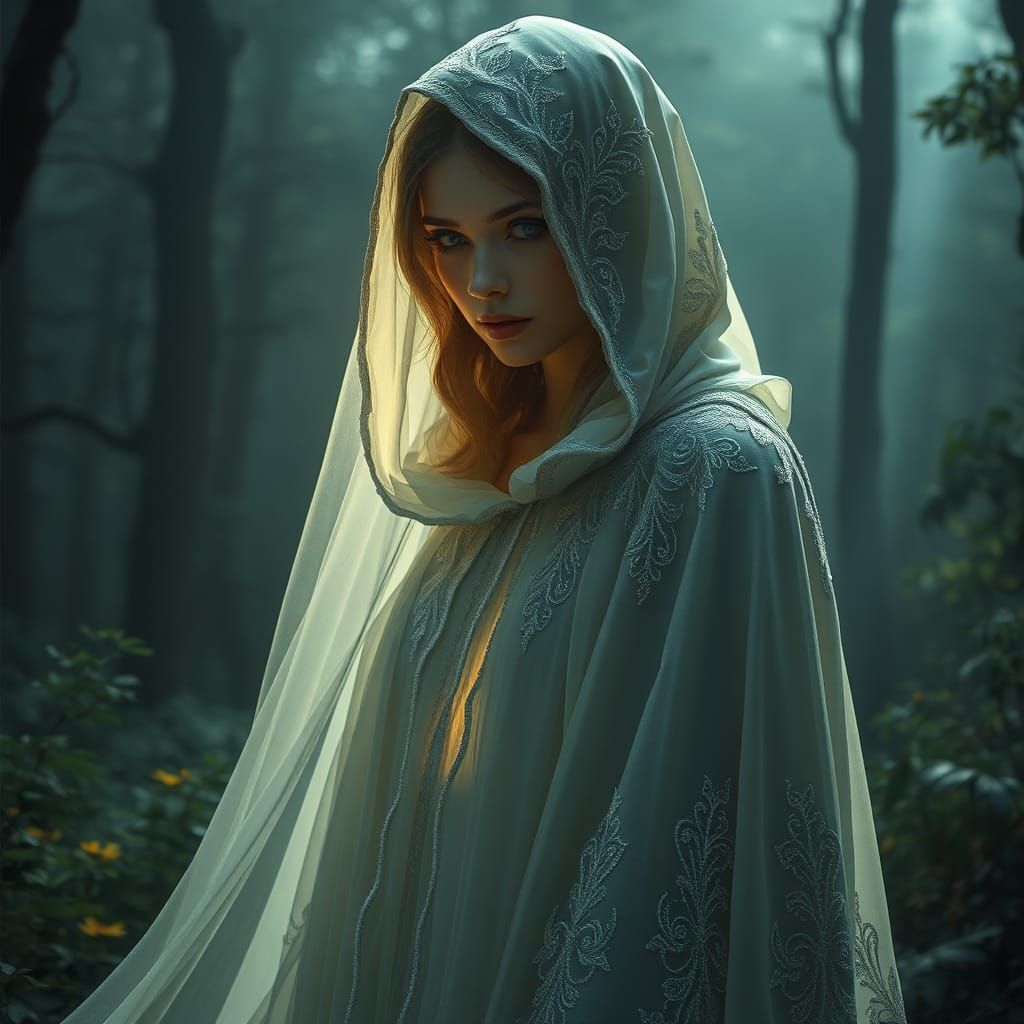 Ethereal Woman in Forest, Dreamlike Illustration