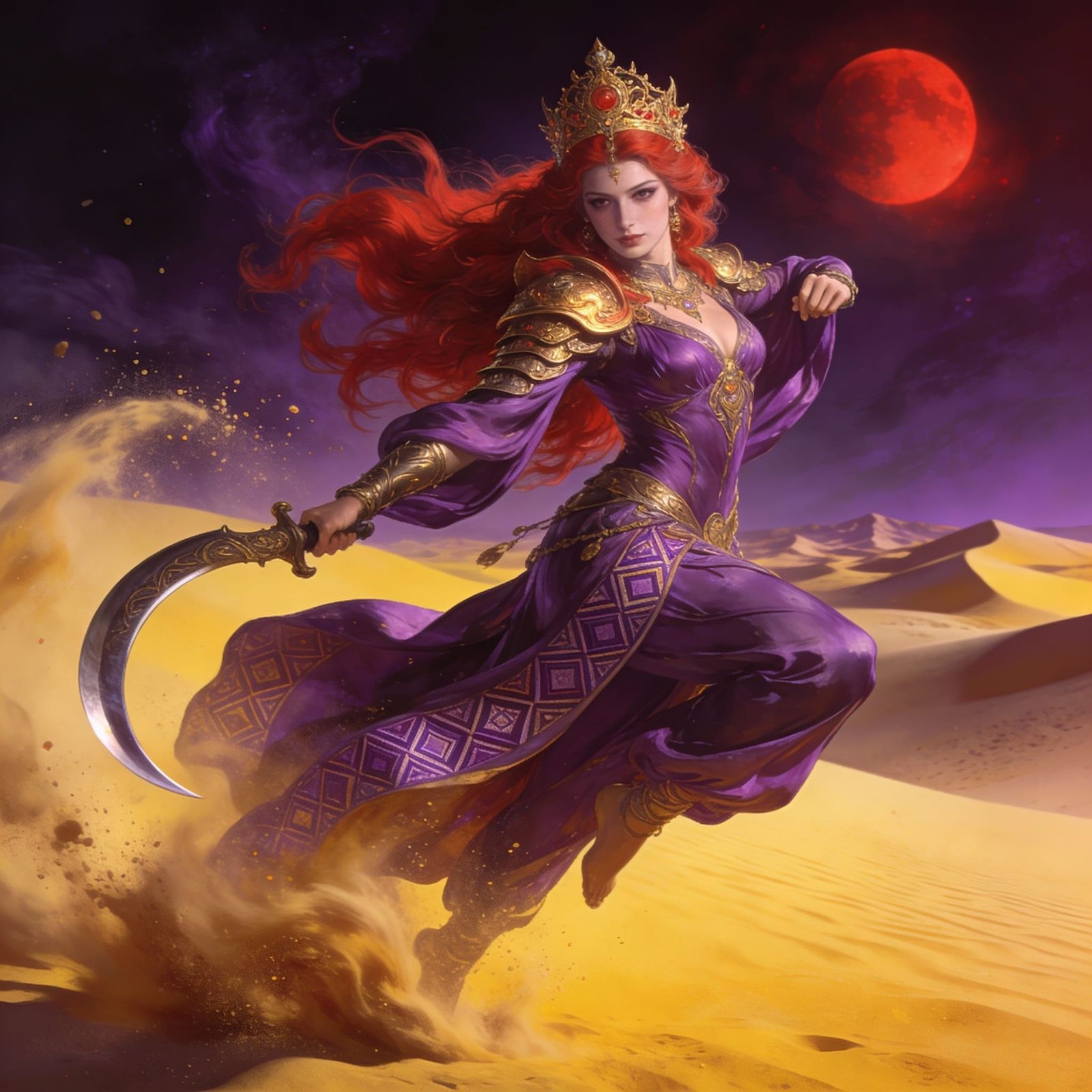 Red-Haired Desert Princess in Dynamic Dark Fantasy Art