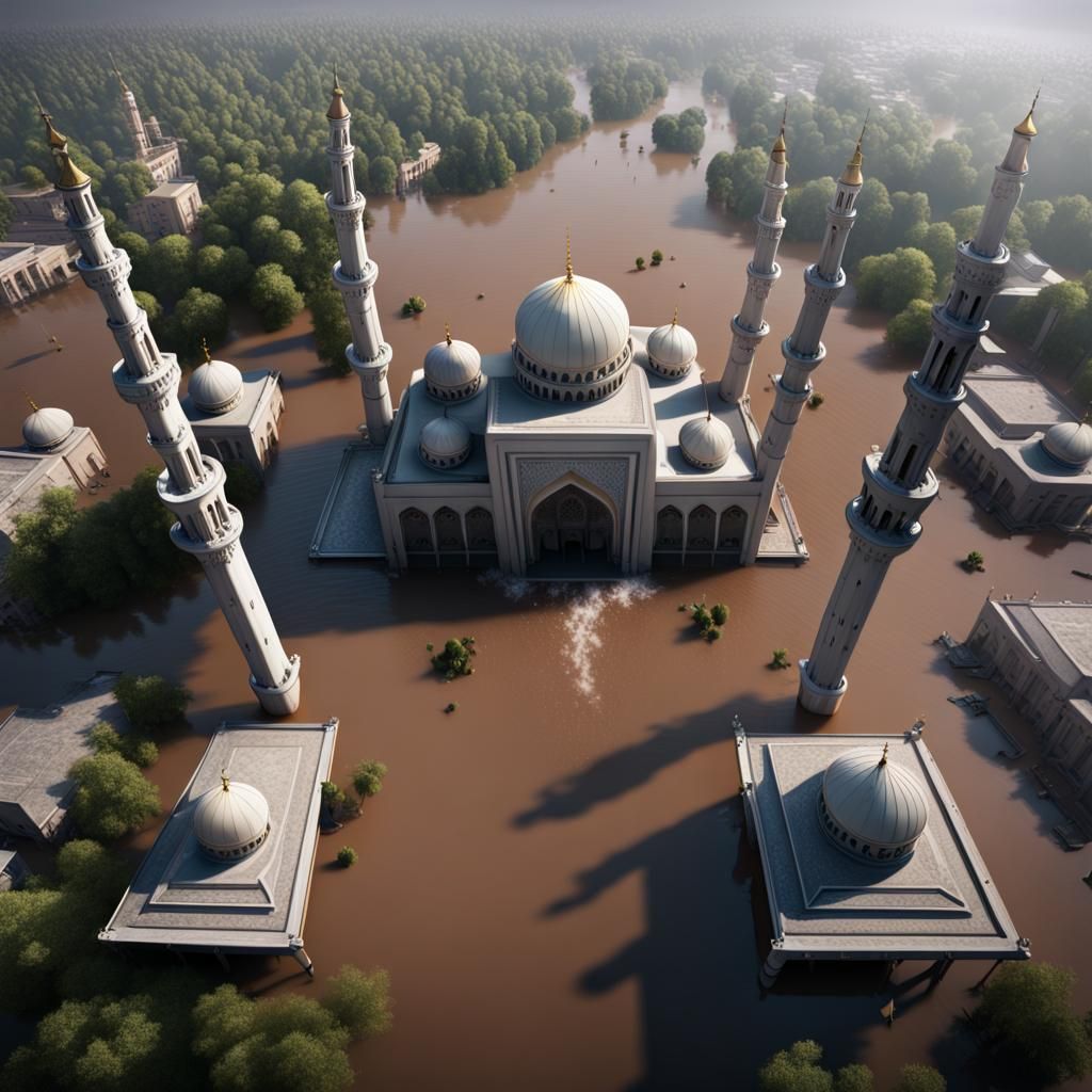 Hyperrealistic Aerial View of Flooded Mosque