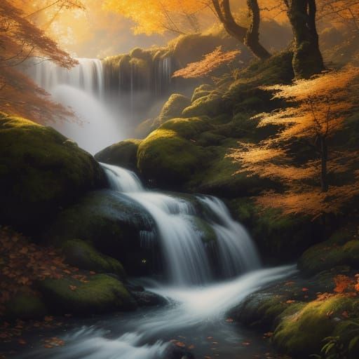 Woman Under Autumn Waterfall in Golden Light