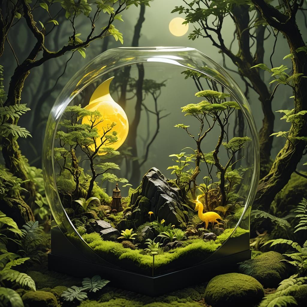 Glowing Moon in Forest Terrarium, Detailed Matte Painting