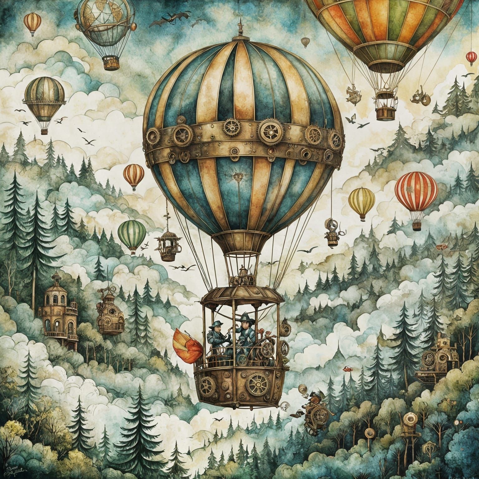 Steampunk Woodland Creature in Hot Air Balloon Illustration