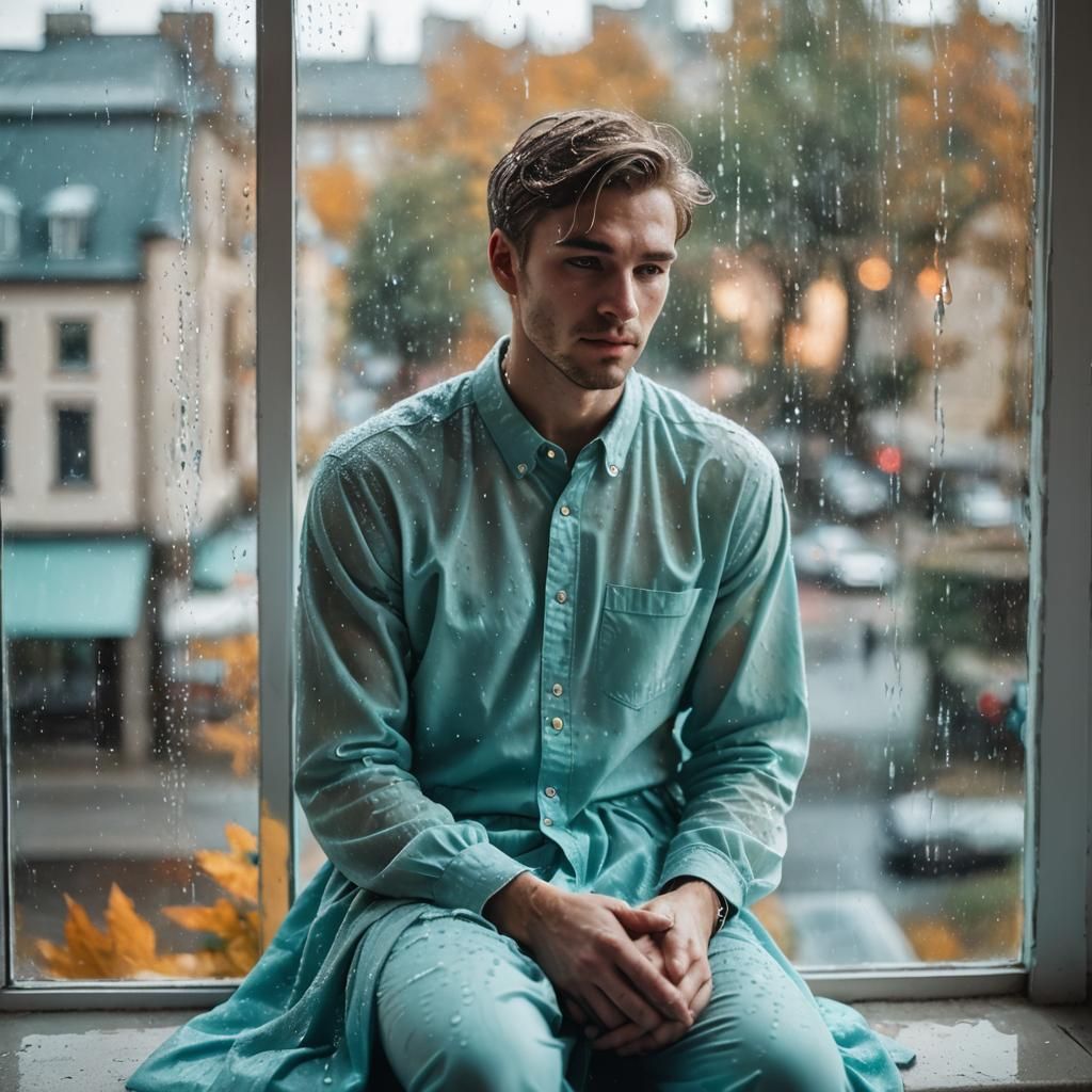 Boy in Cyan Dress on Rainy Windowsill