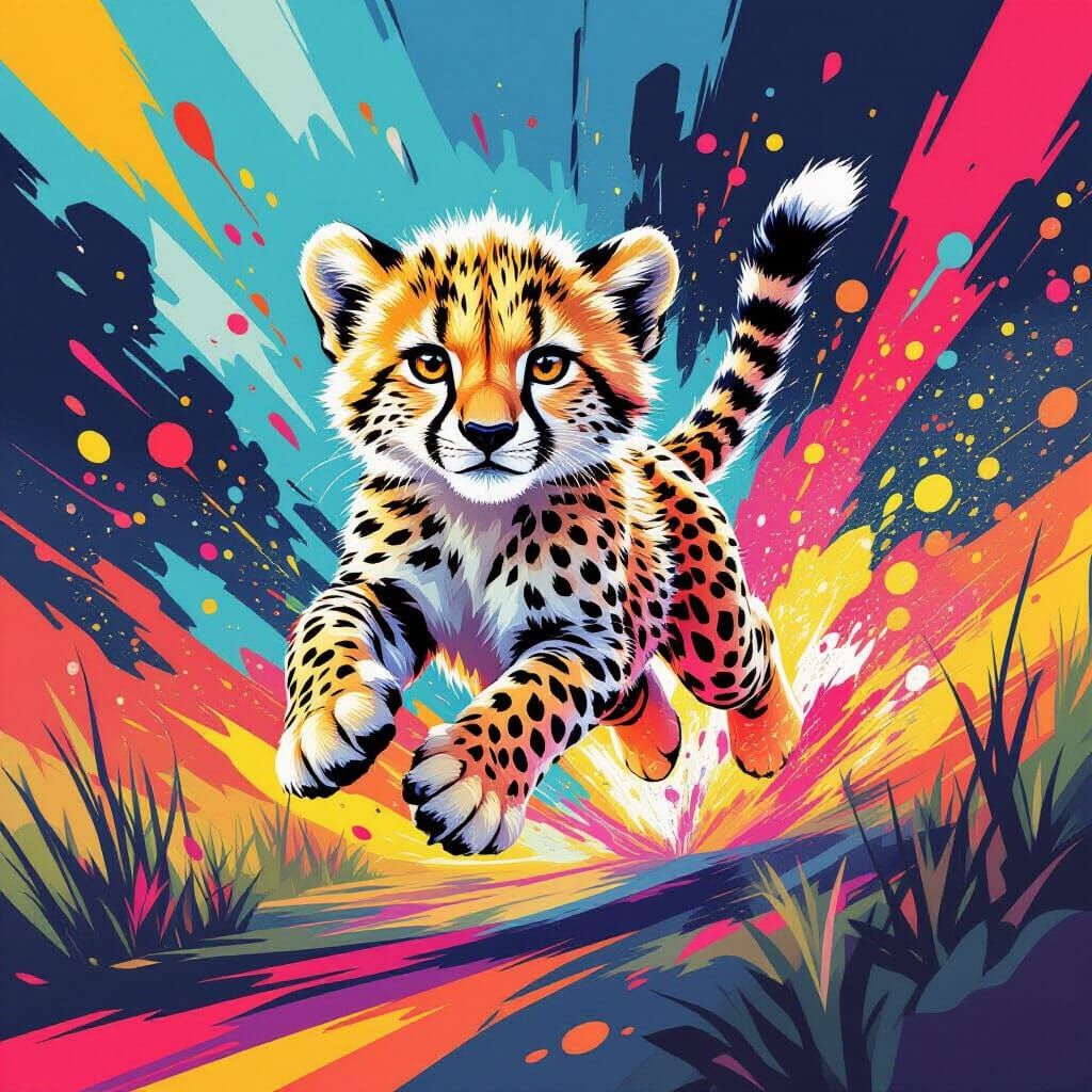 Playful Cheetah Cub in Splash Art Style