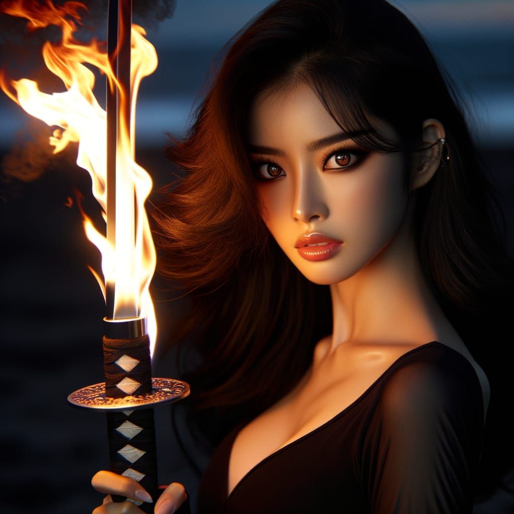 Determined Asian Warrior with Blazing Sword