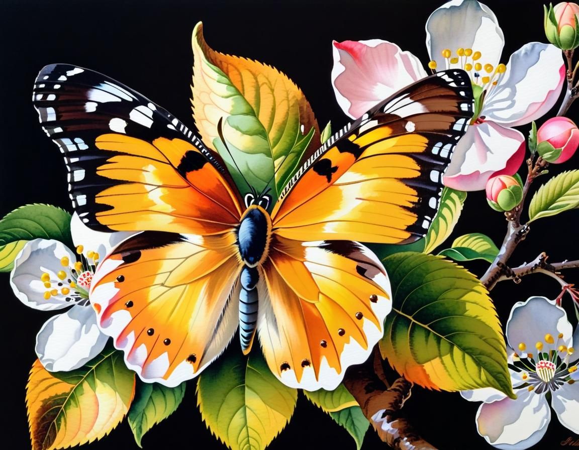 Apple Blossom and Butterfly in Watercolor Style