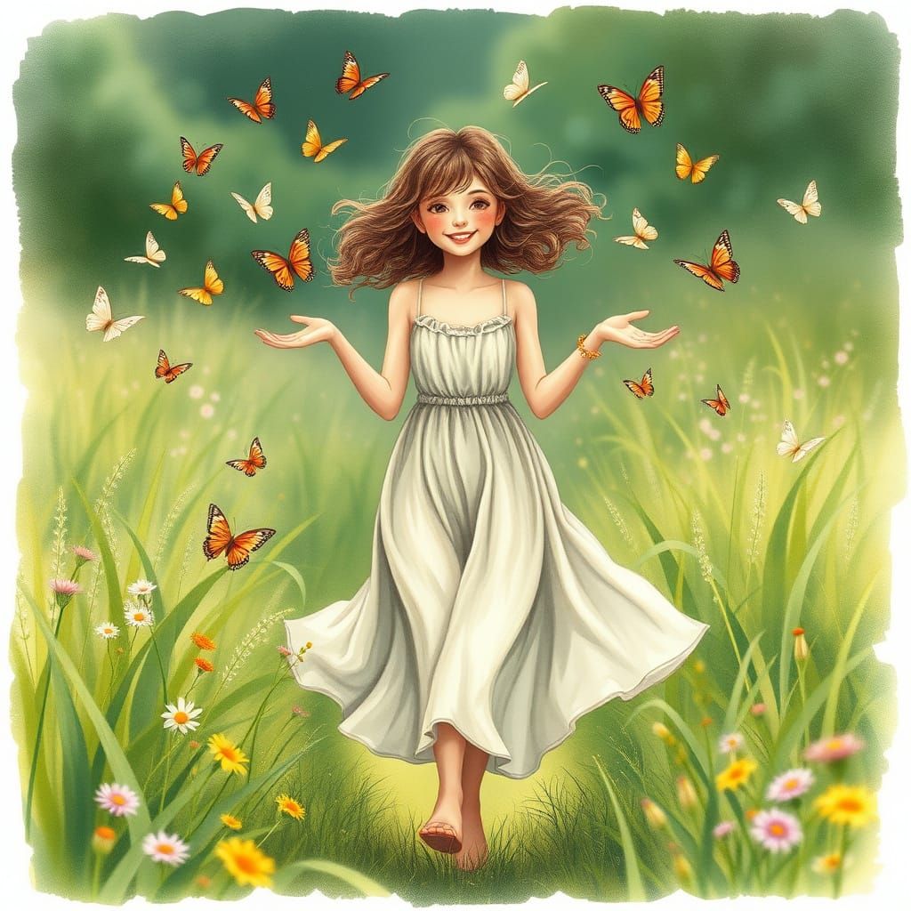 Dreamy Maiden Enchants Whirlwind Butterflies in Vibrant Mead...