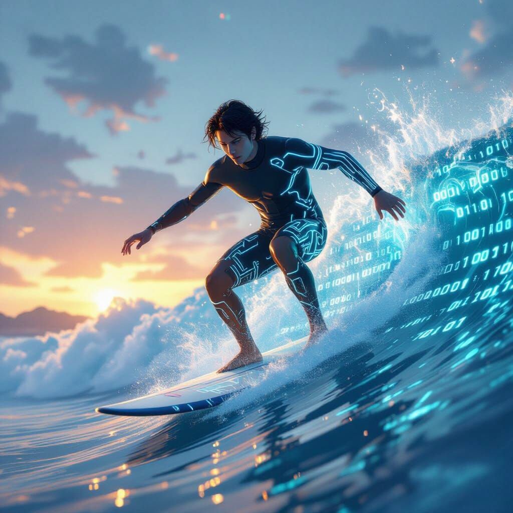 Surfer Riding Binary Wave in Digital Computer World