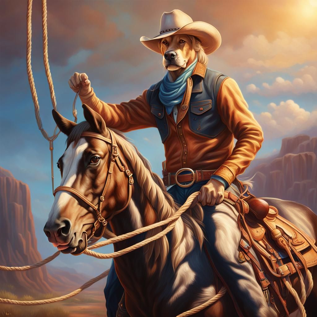 Labrador Cowboy Rides a Horse in Splash Art