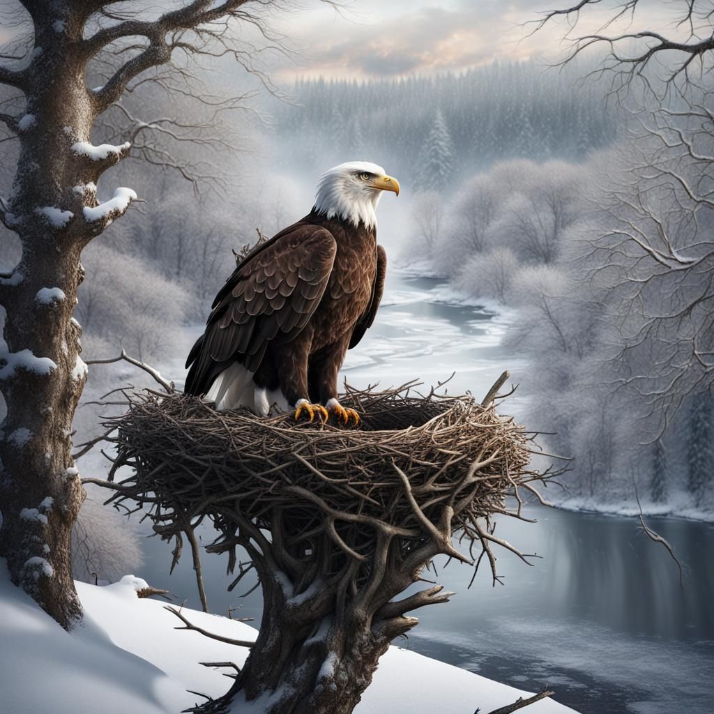 Bald Eagle Nest in Snowy Landscape: Digital Painting