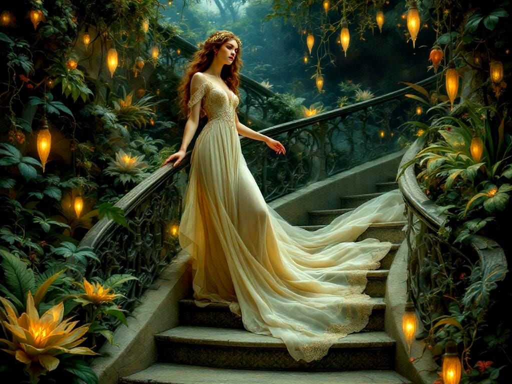 Pre-Raphaelite goddess draped in a flowing ivory gown on a staircase
