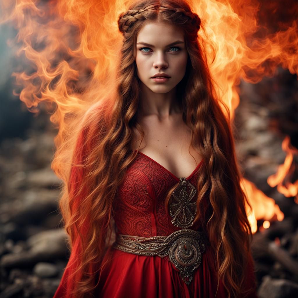 Pagan Witch Dances in Firelight: Hyperrealistic Portrait