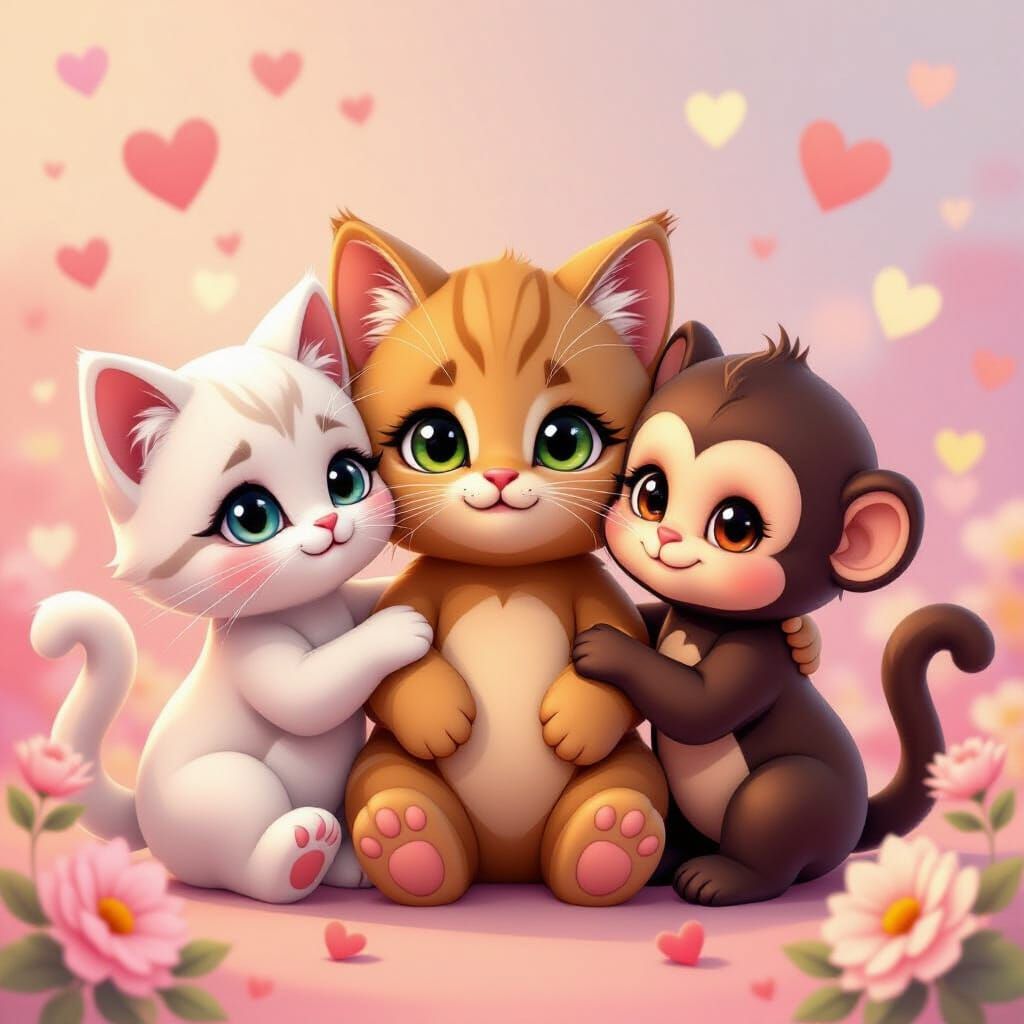 Elegant Cartoon Animals with Bokeh Hearts Background
