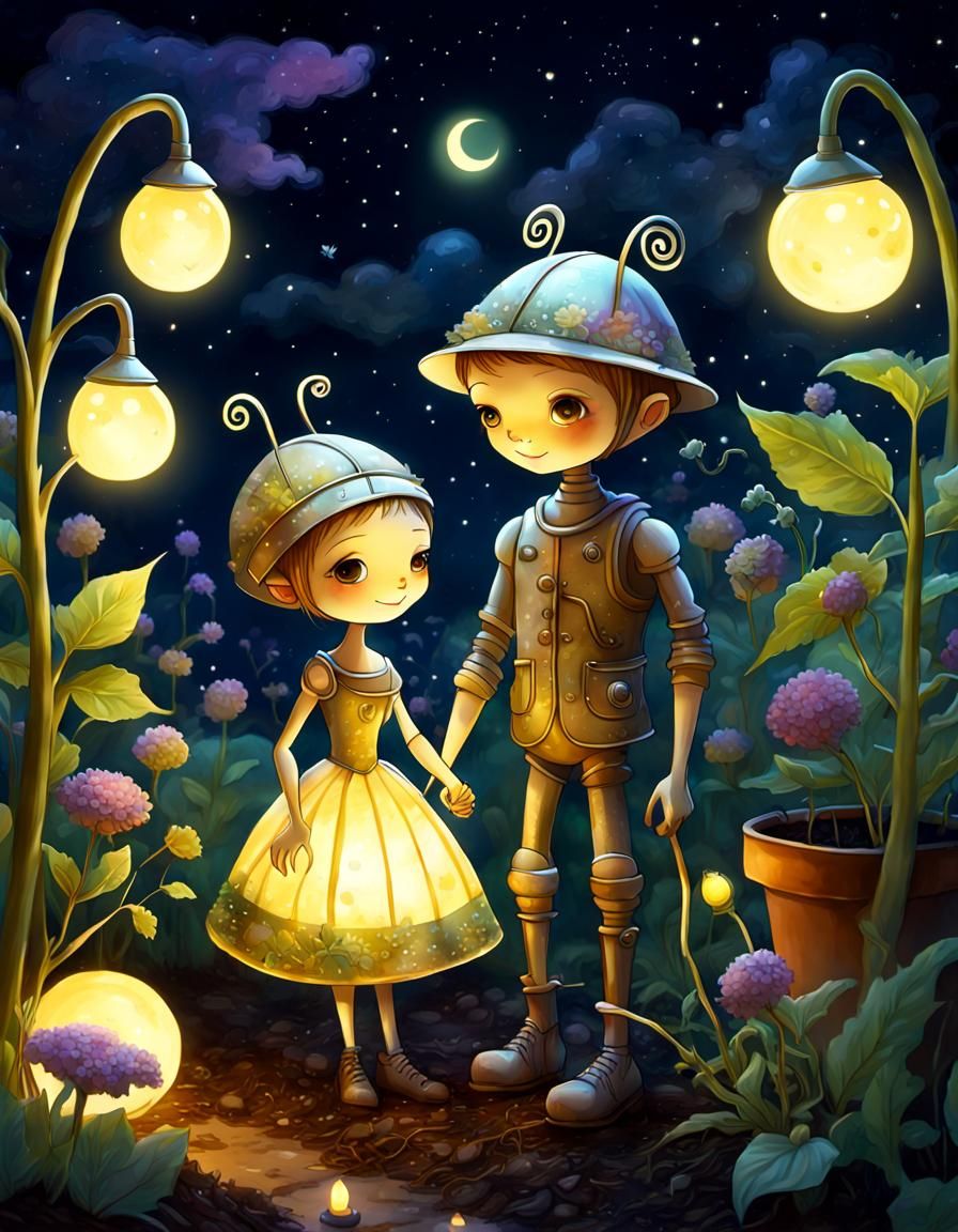 Couple Gardening on Trantor Under Earthshine