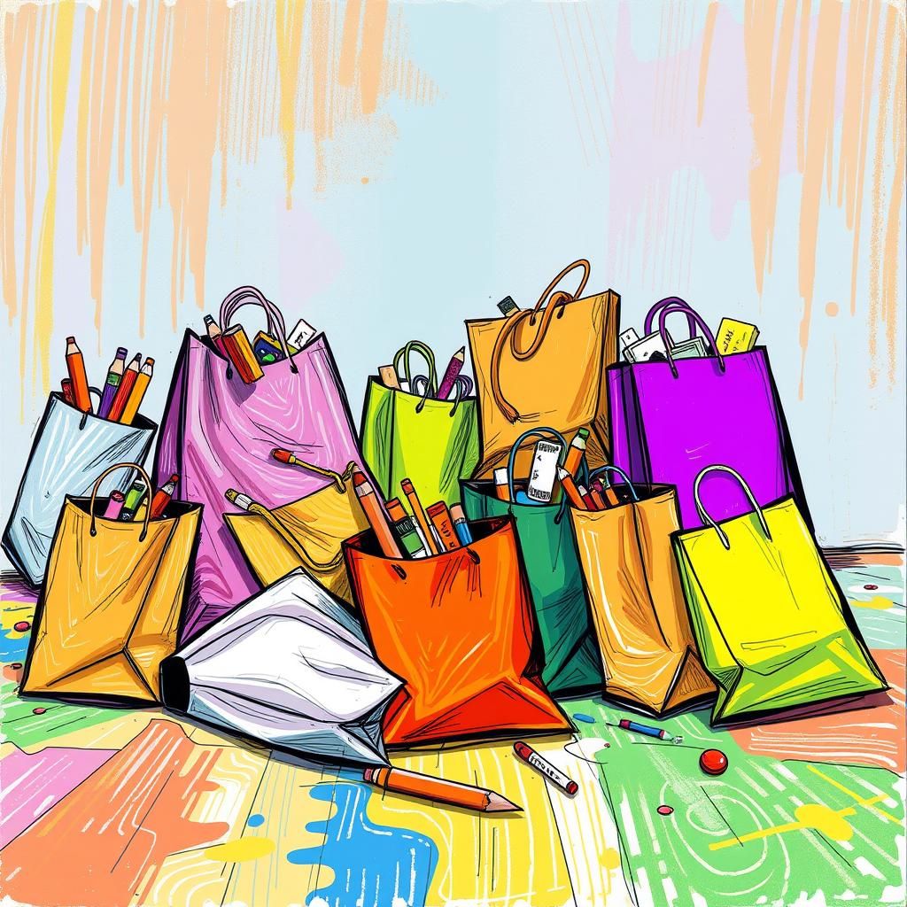 Playful Shopping Bags in Childlike Art Style