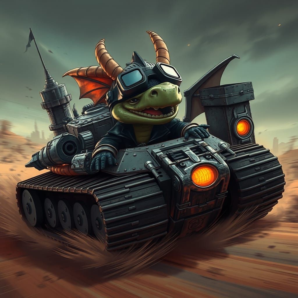 Chibi Dragon Races Armored Tank in Dark Fantasy Style