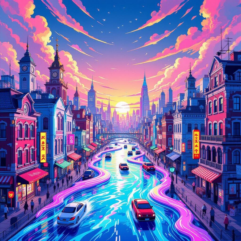 Vibrant Liquid Cityscape Flowing with Soda Rivers