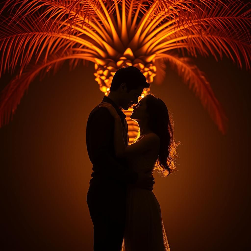 Passionate Lovers Embrace as Palm Tree Silhouette