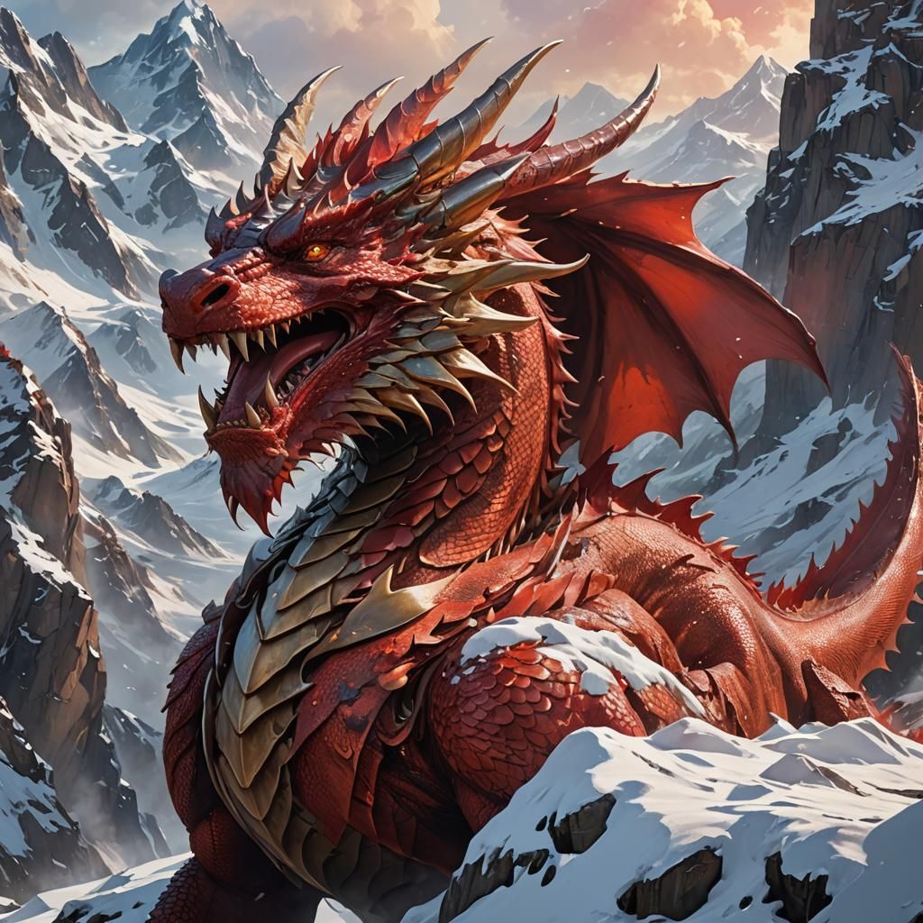 Hyperrealistic Red Dragon on Snowy Mountain