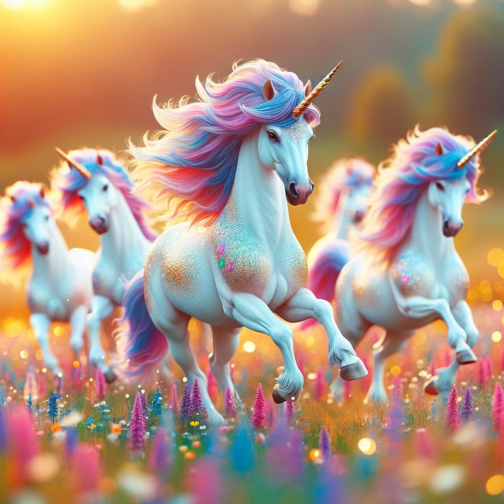 Majestic Unicorns Galloping Freely in Vibrant Meadow