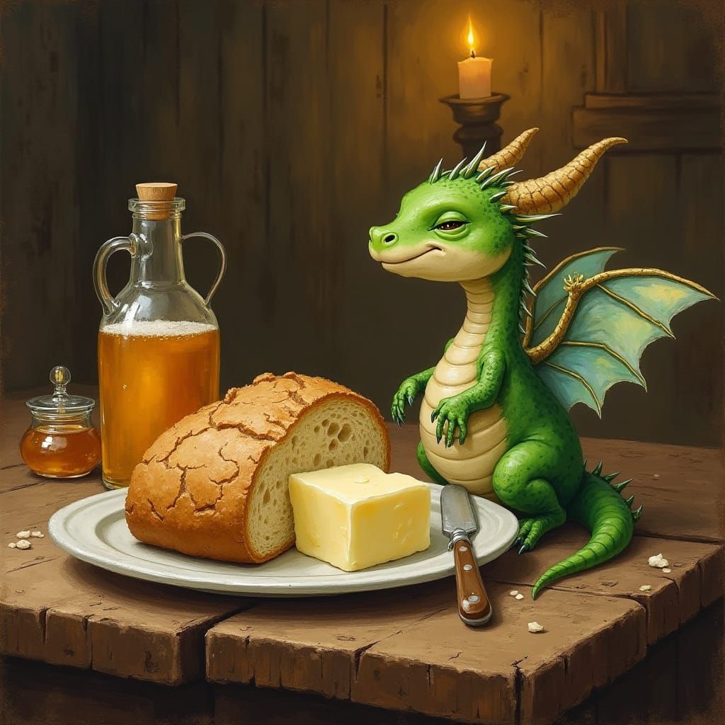 Cozy Medieval Tavern Scene with Dragon and Golden Honey
