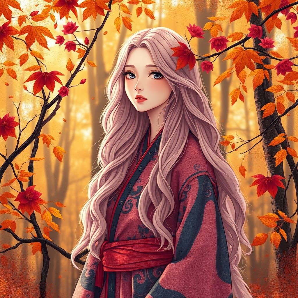 Autumn Forest Woman in Anime Style