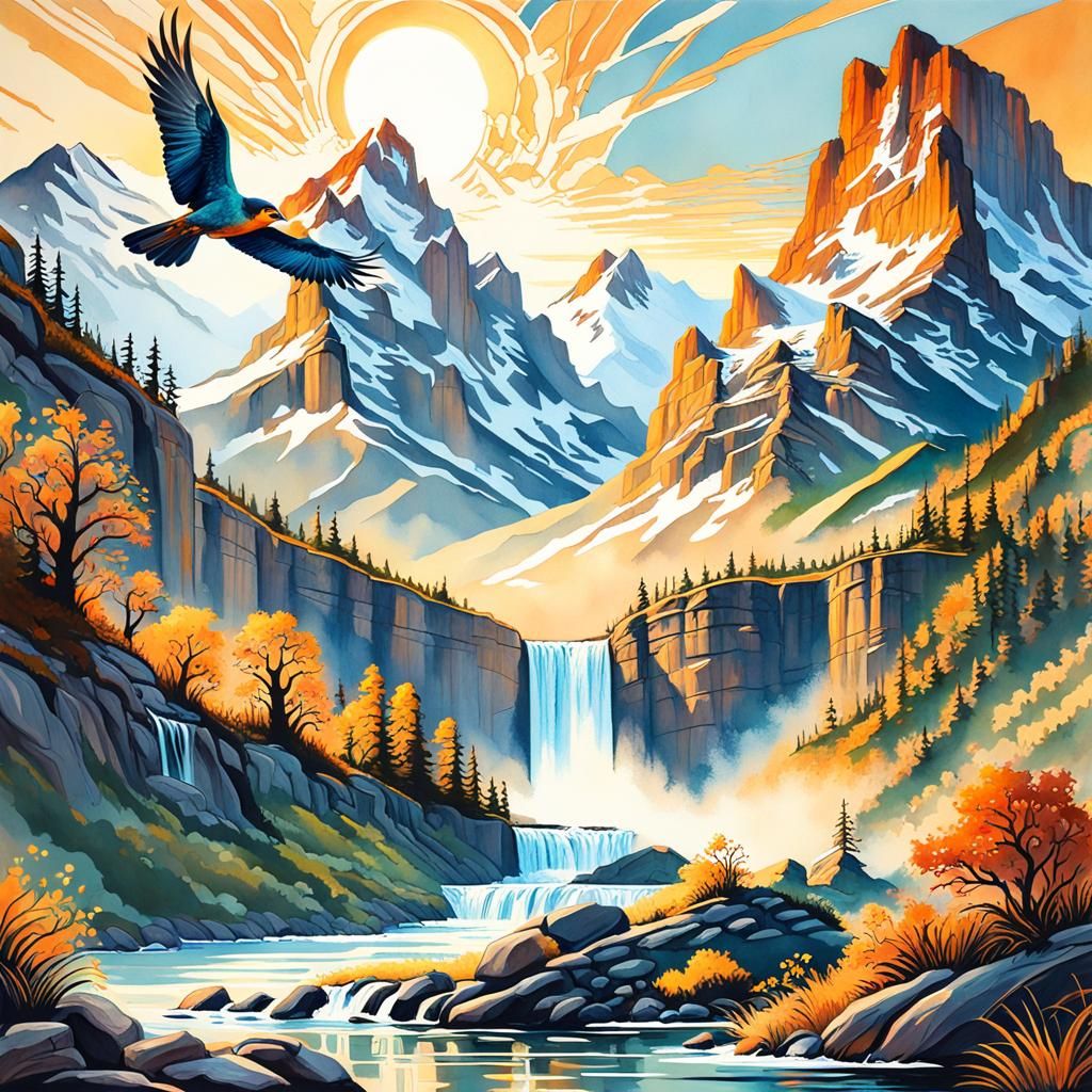 Majestic Sunrise Illustration in Impressionist Style