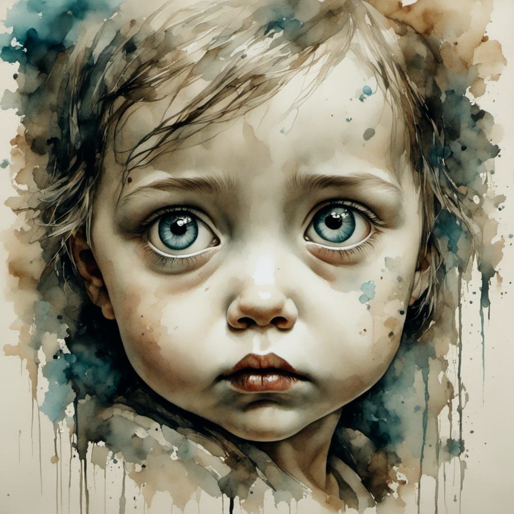 Cute Girl with Large Eyes in Alcohol Ink Style
