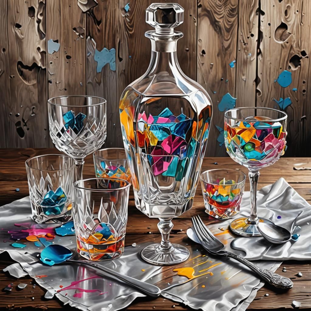 Crystal Decanter with Graffiti Art in Polychromatic Style