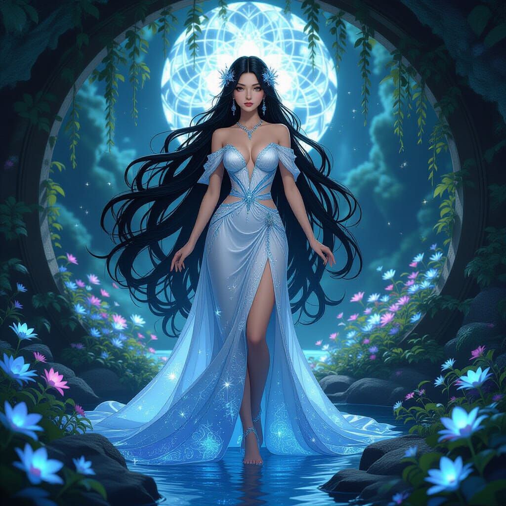 Celestial Jugendstil Goddess in Bioluminescent Grotto