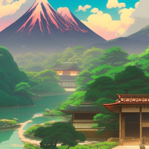 Picturesque Japanese Village in Anime Style