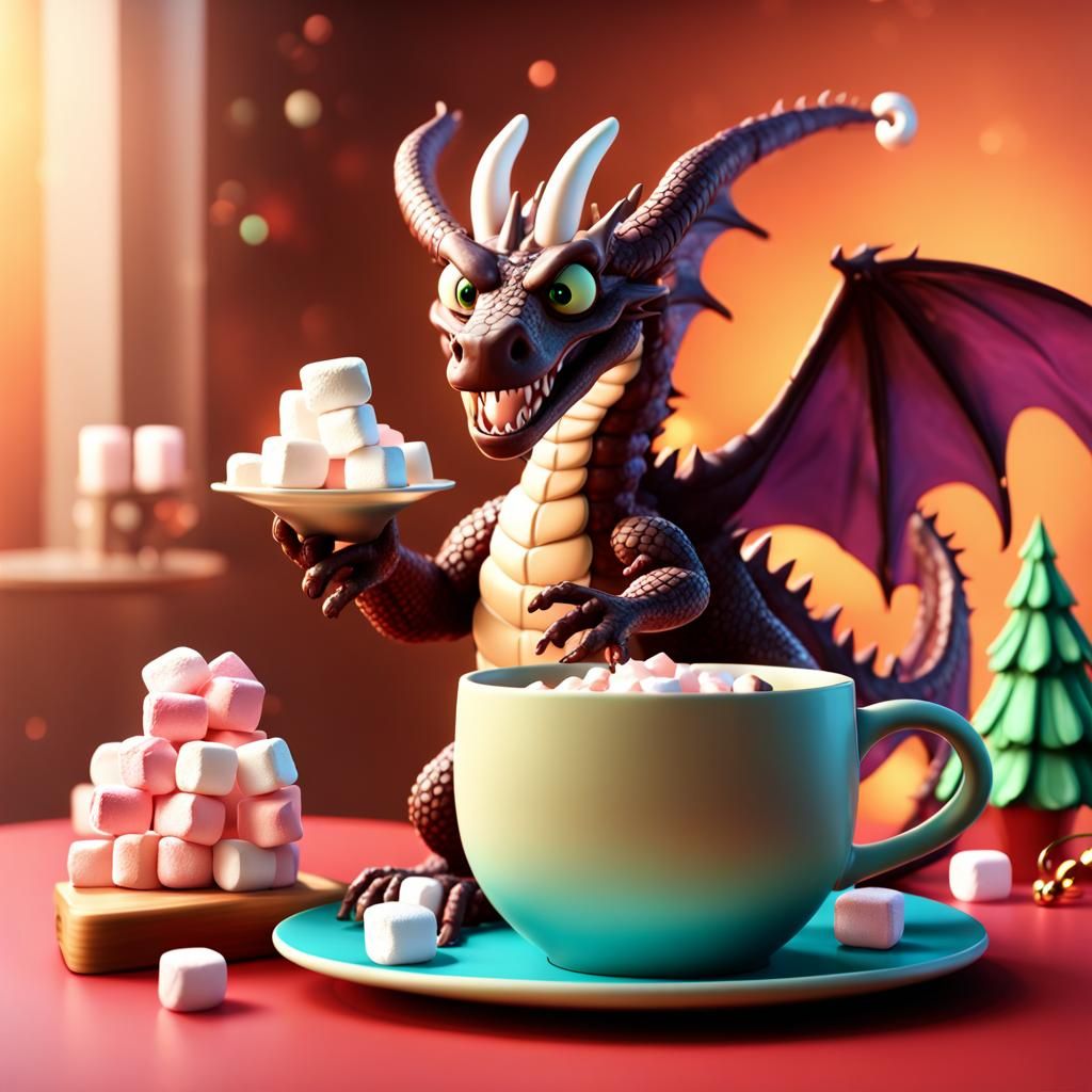 Cute Dragon with Hot Chocolate, 3D Render