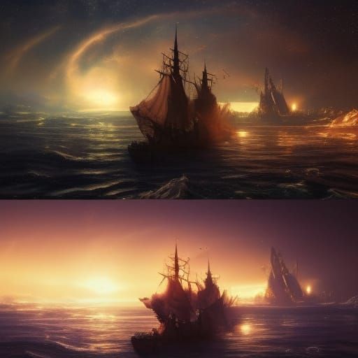 Golden Pirate Ship Sails Starry Night Sky