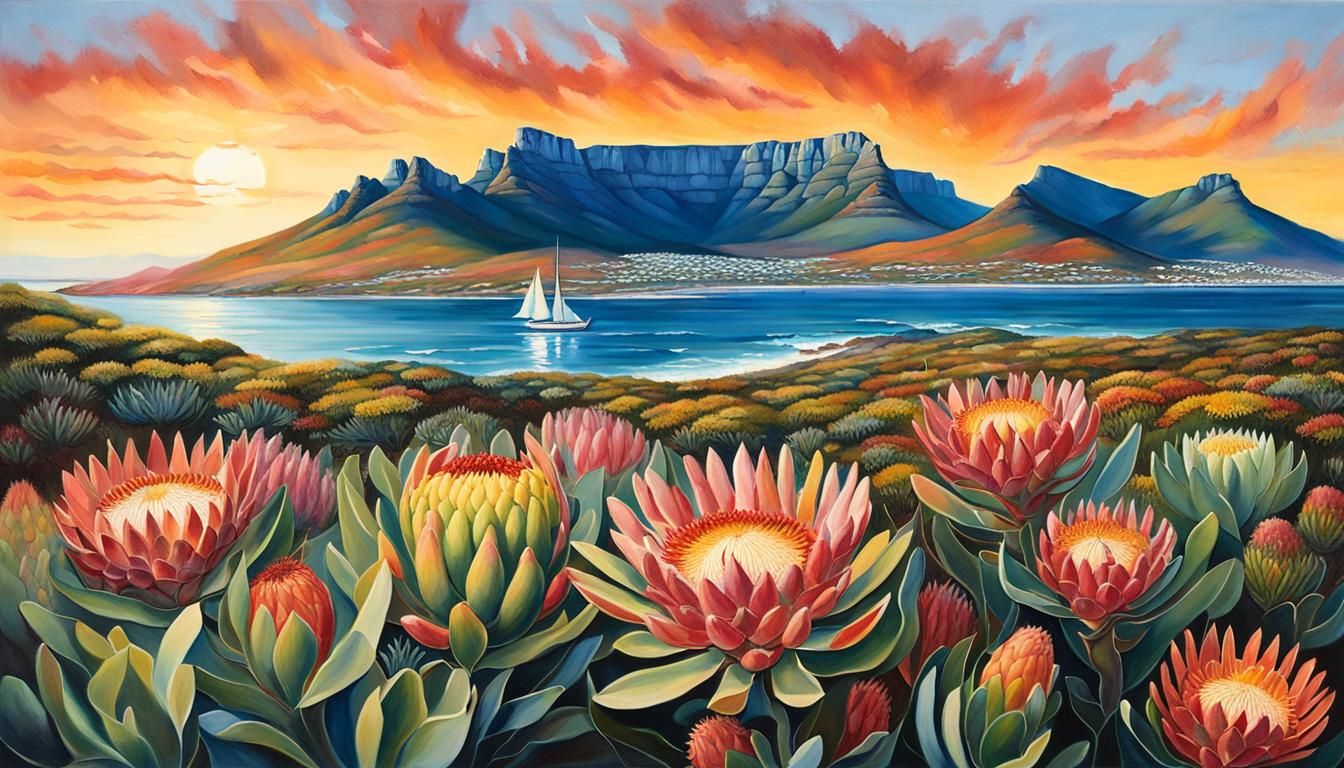 Proteas and Table Mountain Painting in South Africa