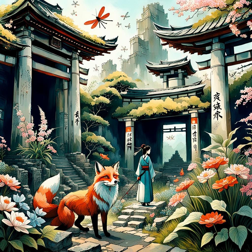 Fox Spirit and Woman in Japanese Ruins