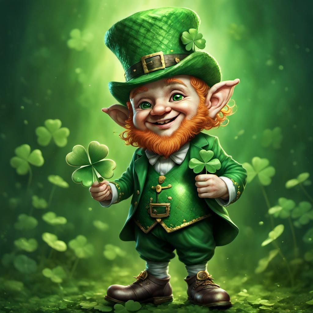 Adorable Leprechaun with Clover in Fantasy Artwork