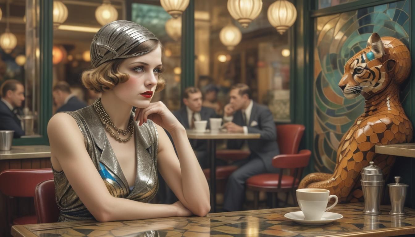 Art Deco Cafe Illustration with Dramatic Lighting