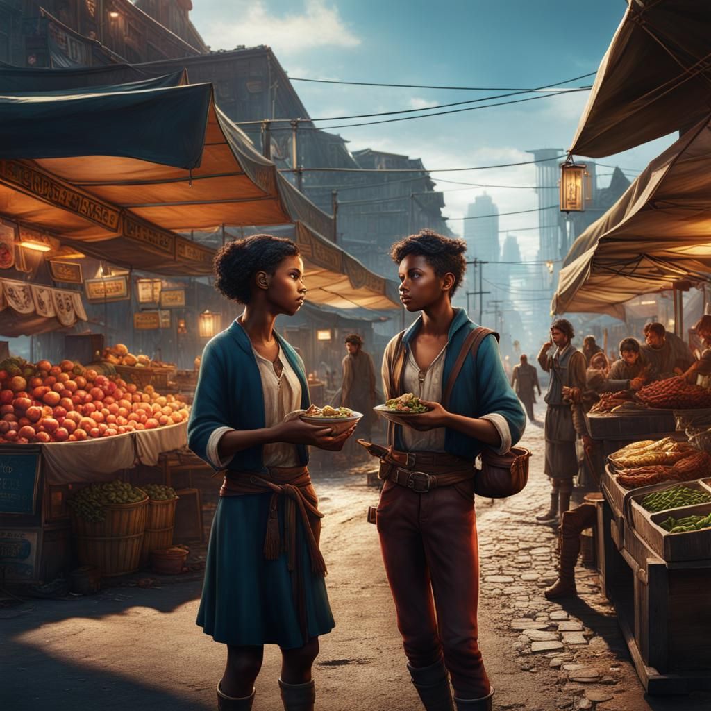 Boys Watch Woman Eating in City Market