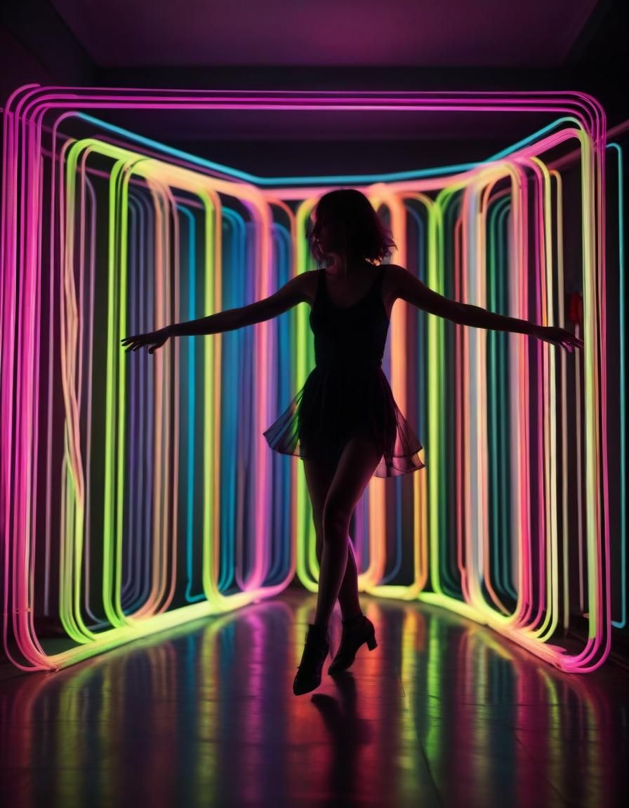 Woman's Silhouette Dancing with Neon Lights