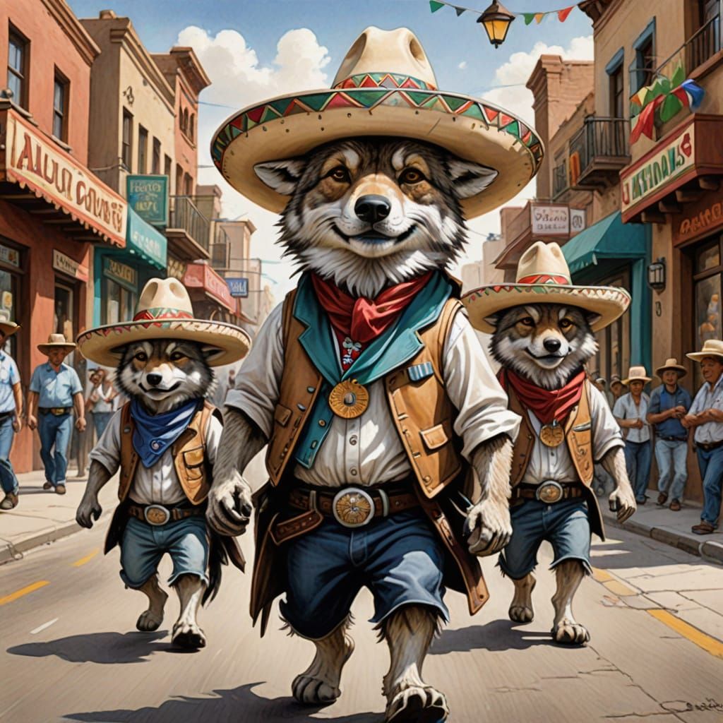 Cartoon Mexican Wolves Parade in Sombreros