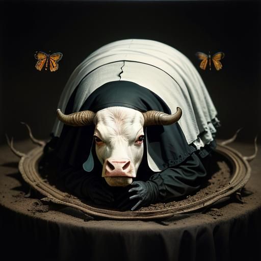 Surreal Insect Nun Fusion in Vintage Photo