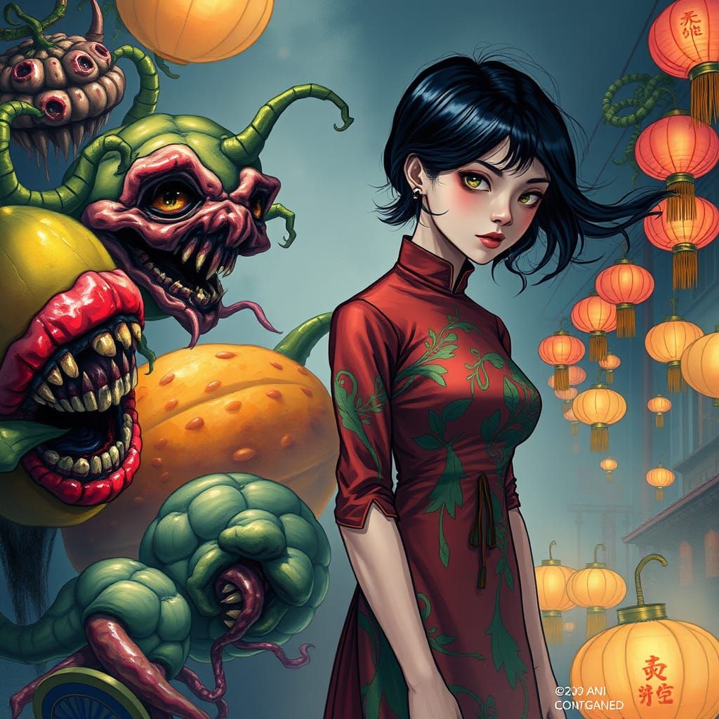 Grotesque Fruits and Vegetables in Dimly Lit Misty Environme...