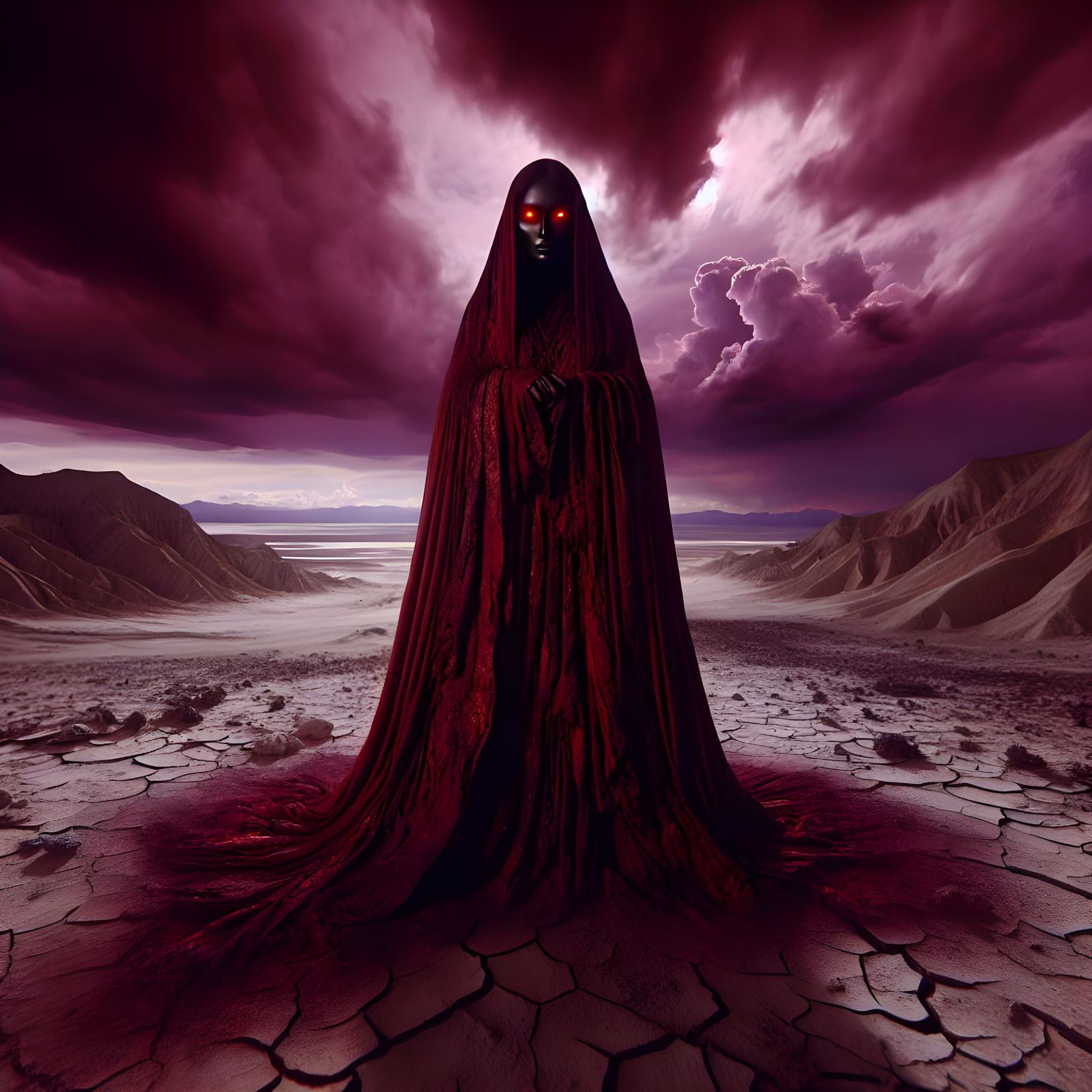 Ethereal Warrior in Crimson Robes Illuminates Alien Wastes